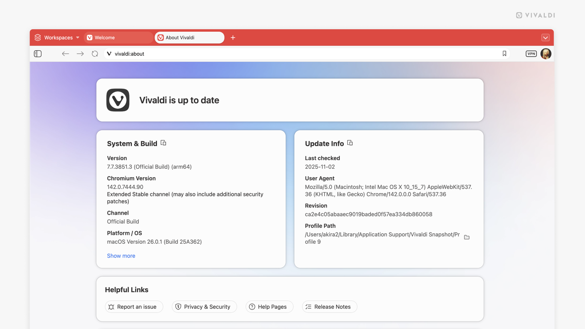 New About Page on Vivaldi with a more modern look, where the info is shown on white boxes with rounded corners, over a colourful background.