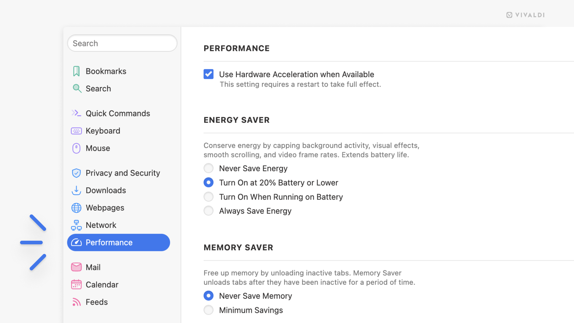 The new Performance section in the Settings, where the user can select their desired level of Energy and Memory saving.