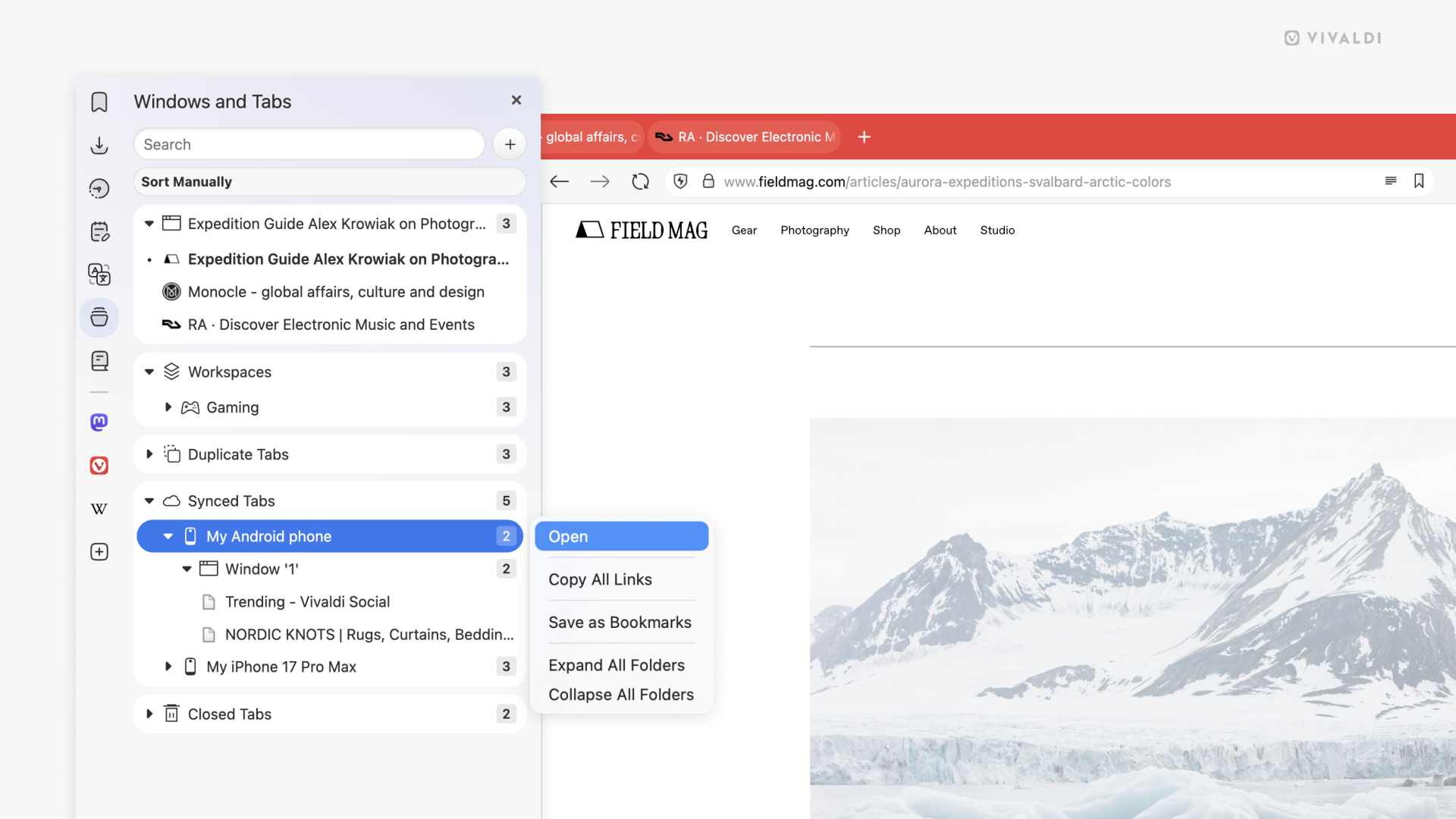 Vivaldi on Desktop with the Window Panel highlighted, showing how you can now open at once all of the synced tabs in one device or a single workspace.