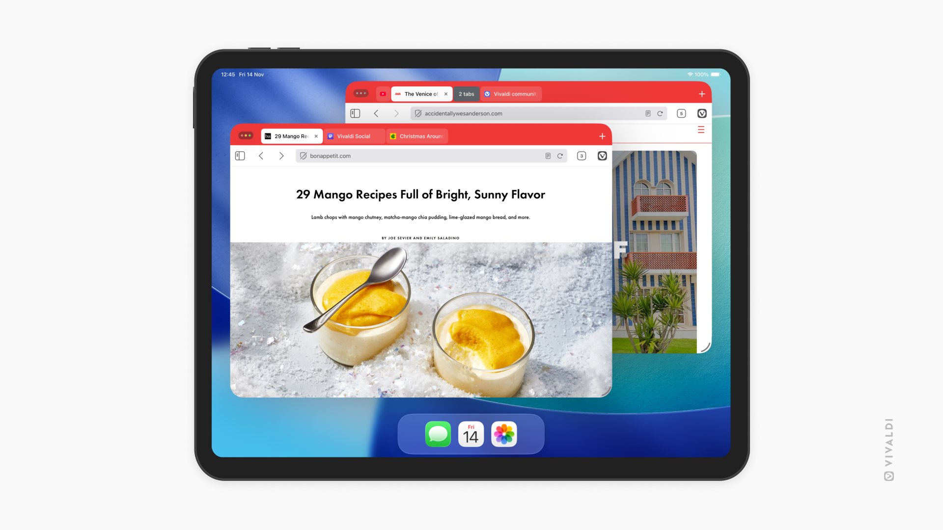 Vivaldi on iPad with two windows open, one on top of the other one. The one on top has a website open called Bon Appetit, with a picture of some mango desserts.