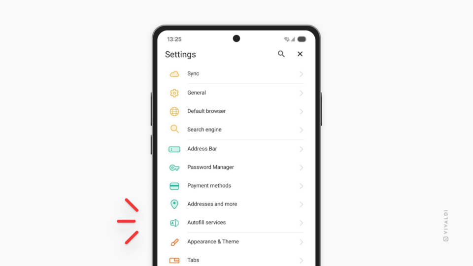 Settings in Vivaldi on Android. Autofill services section is highlighted.