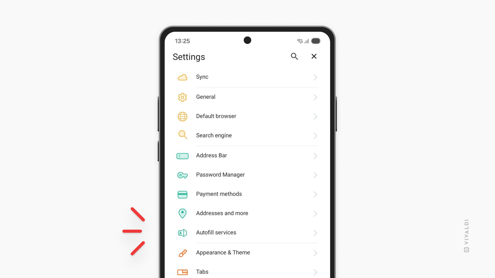 Vivaldi on Mobile setttings page, where the setting "Autofill services" is highlighted.