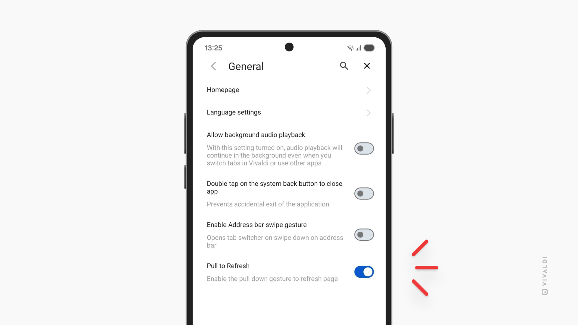Vivaldi settings, general section, where we see the new setting called "pull to refresh", which reads "enable the pull-down gesture to refresh page".