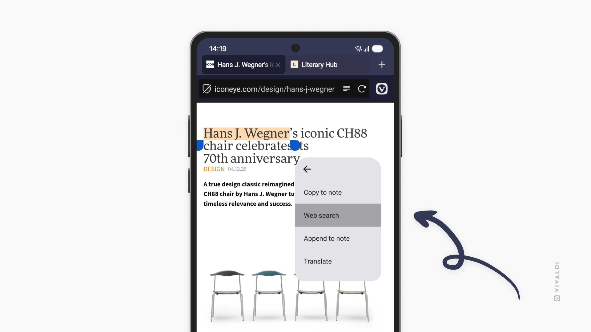 Phone with an open website, where there is some text selected and the context menu shows four options, one of them being "web search".