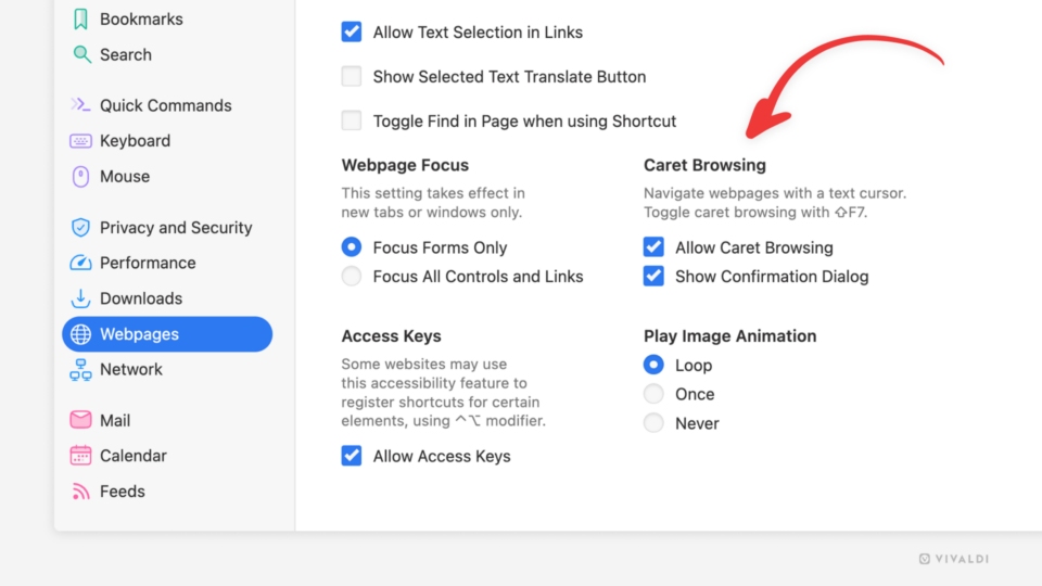 Vivaldi browser's Webpage settings. An arrow points at the Caret Browsing setting.