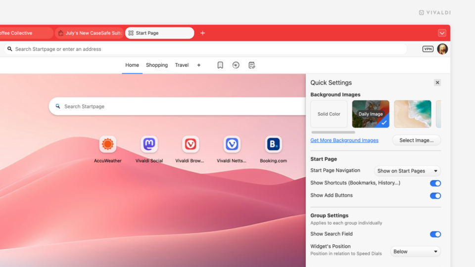 Start Page and its Quick Settings open in the Vivaldi browser.