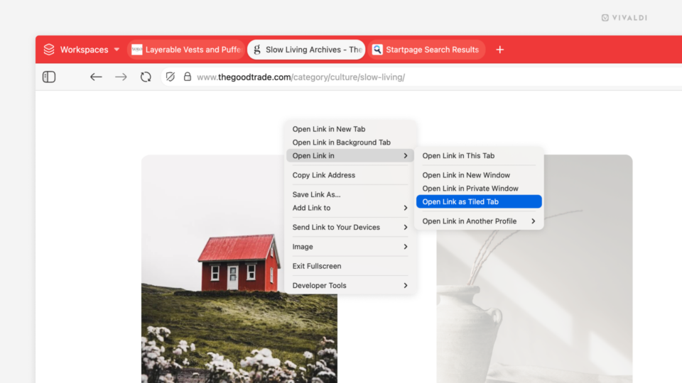 Link's right-click context menu on a website open in the Vivaldi browser. The option "Open as Tiled Tab" is highlighted.