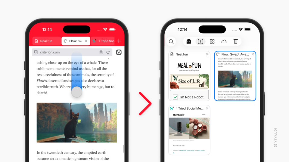 Two iPhones with Vivaldi open in them. One shows a web page with a drag motion from the Address Bar, the other shows the Tab Switcher.