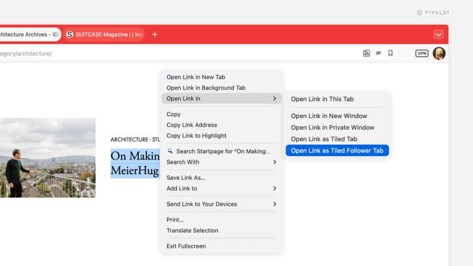 Link's context menu in the Vivaldi browser showing the path to open a link as a tiled follower tab.