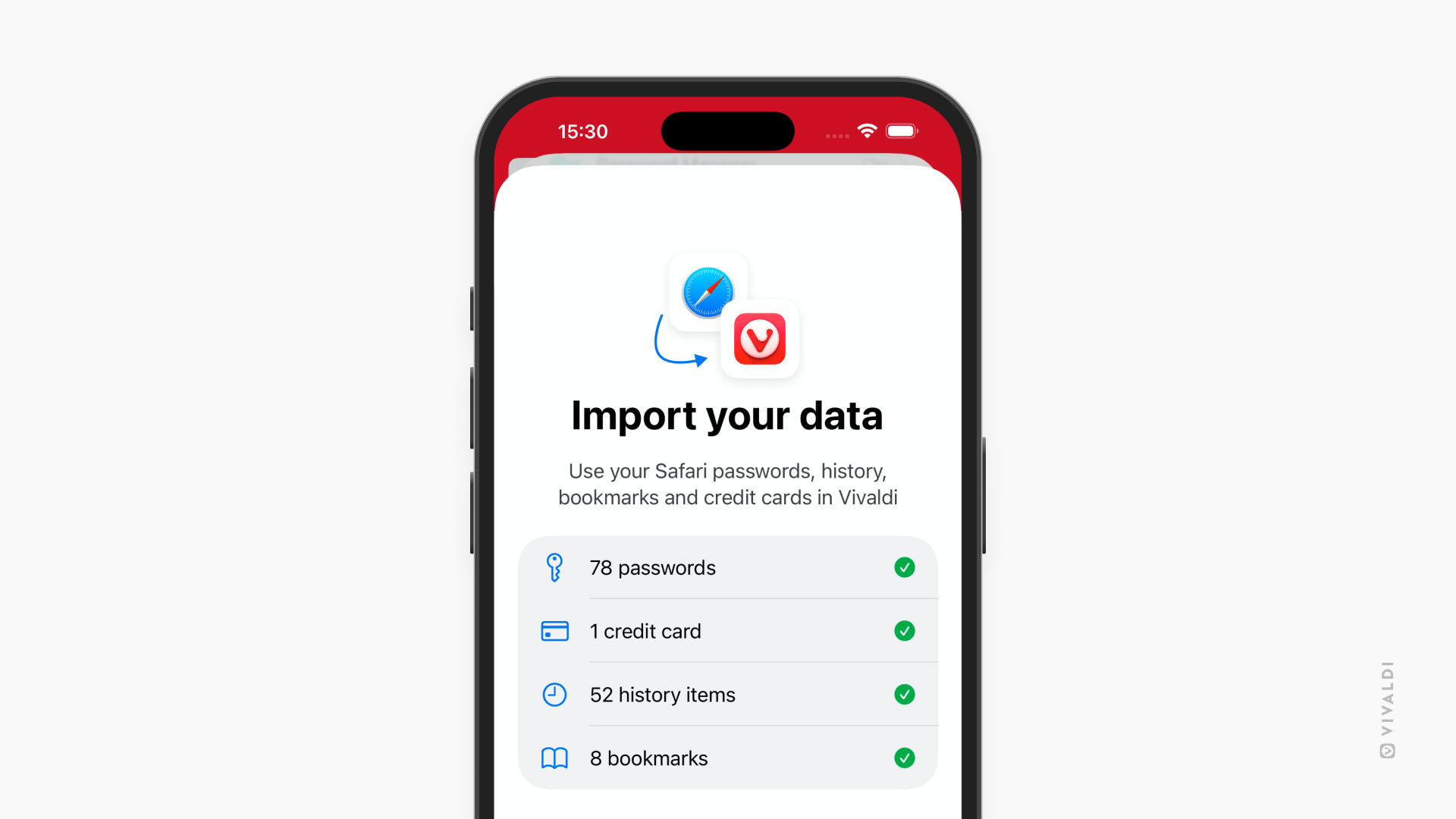 Import page from Safari, where it says "Use your Safari passwords, history, bookmarks and credit cards in Vivaldi"
