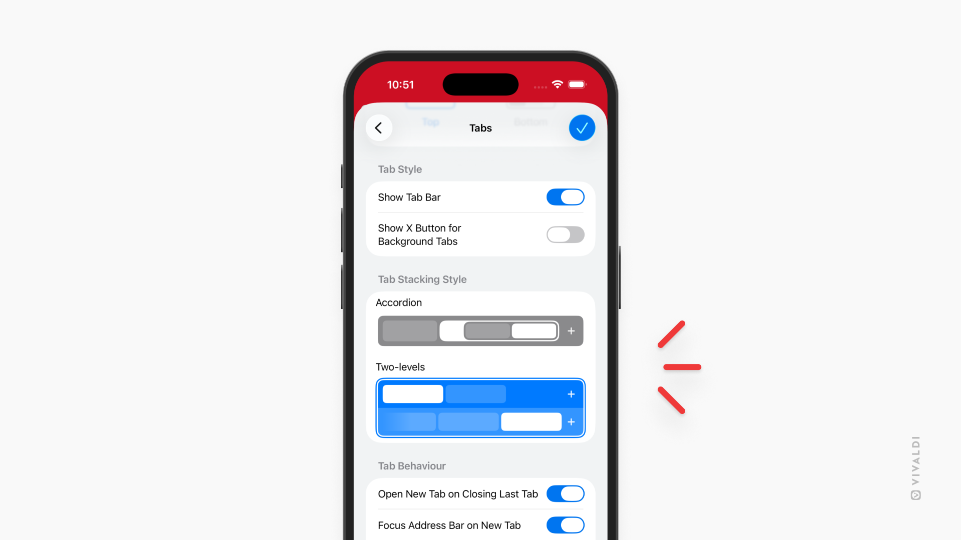 Vivaldi on iOS settings for two level tab stacks.