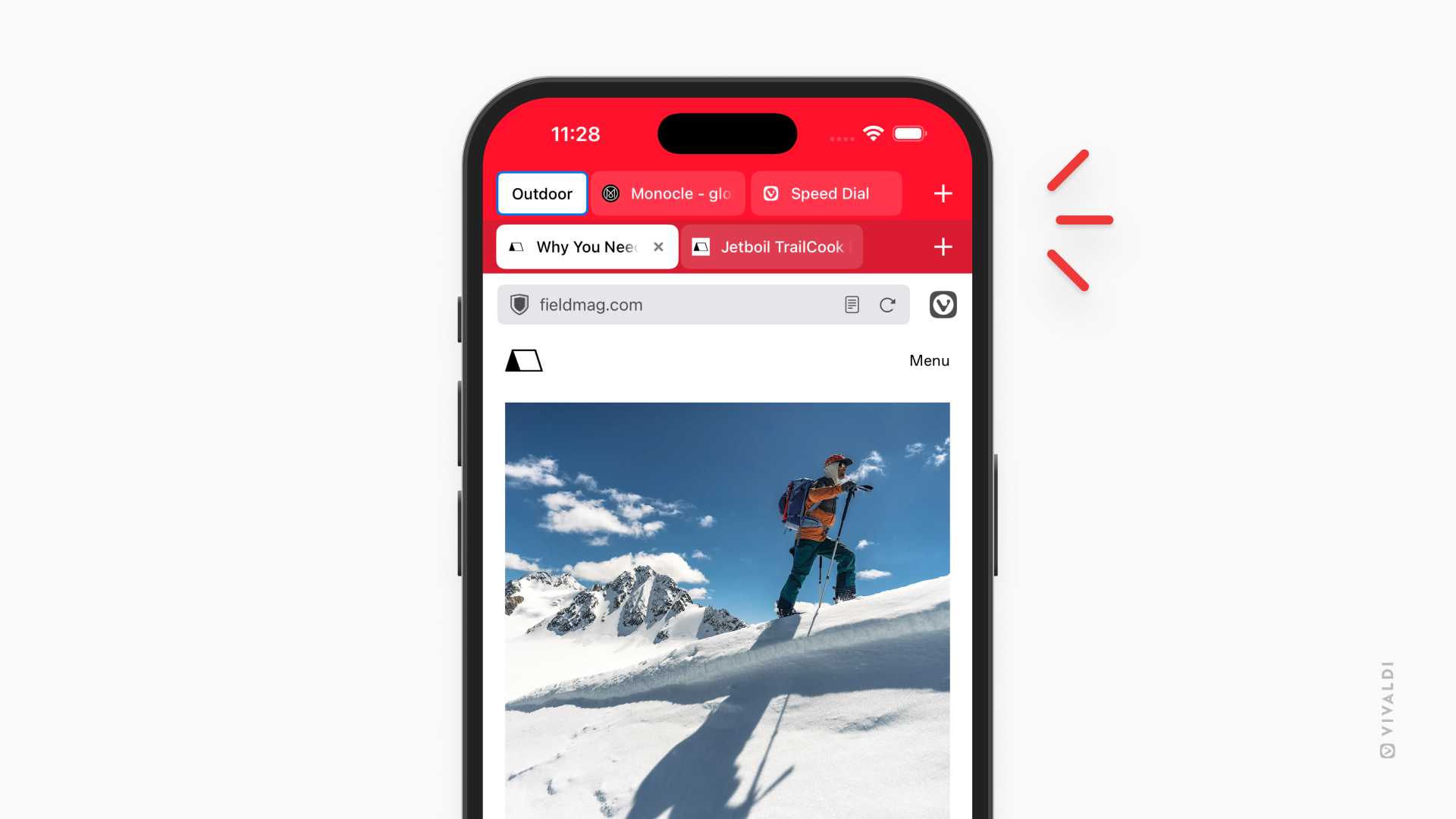 Vivaldi on iOS showing two-level tab stacks and a picture of a skier on a snowy mountain.