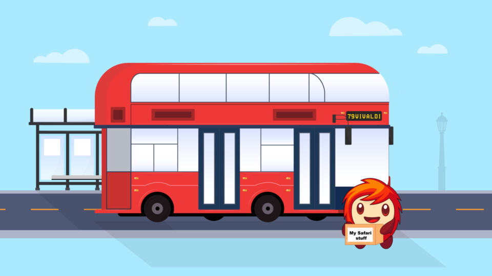 Drawing of a double decker red bus, with Tony standing in front of it, holding a box that says "My Safari stuff"