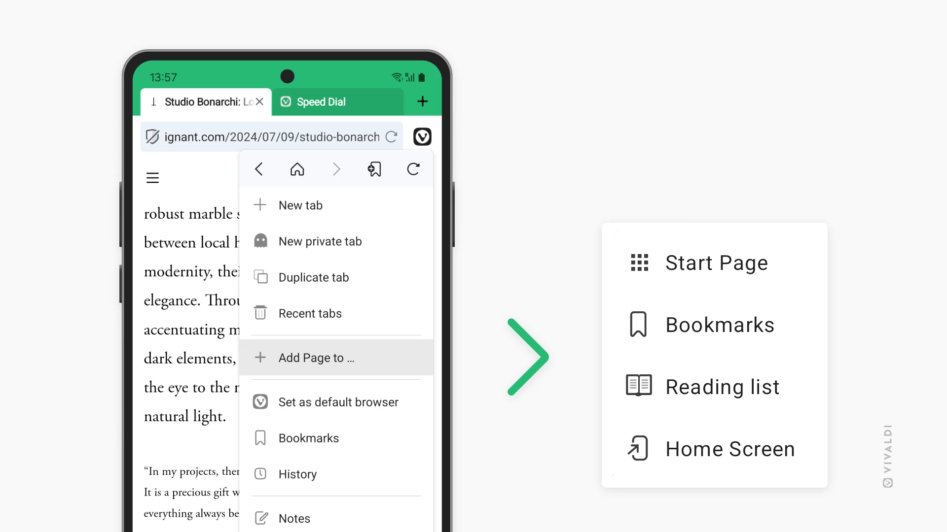 Vivaldi on Android with the main menu open, highlighting the "Add Page to" option. List of places where the tab can be added to is shown on the right side. 