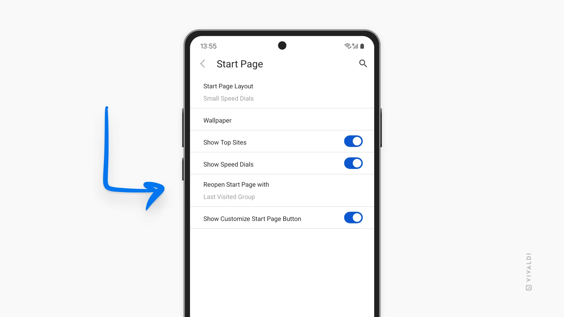 Start Page settings in Vivaldi on Android. An arrow is pointing at the "Reopen Start Page with" option. 