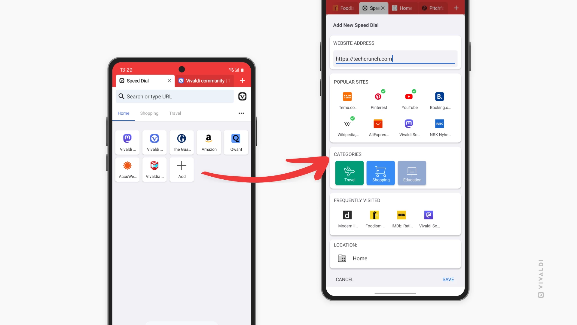 Two Android phones. One showing Vivaldi's Start Page with Speed Dials, the other showing the new add Speed Dial dialog. An arrow from the "Add" button on the Start Page points towards the second phone with the dialog.