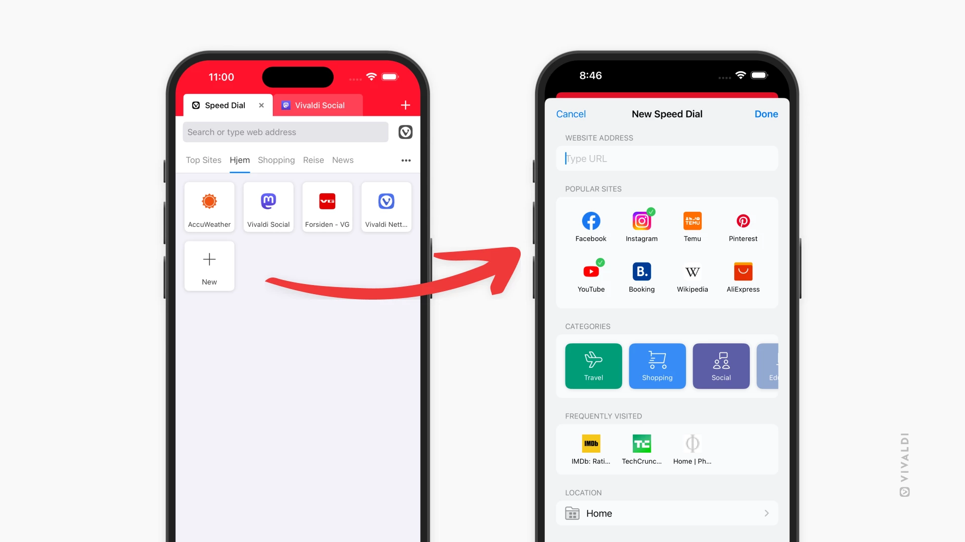 Two iPhones. One showing Vivaldi's Start Page with Speed Dials, the other showing the new add Speed Dial dialog. An arrow from the "New" button on the Start Page points towards the second phone with the dialog.