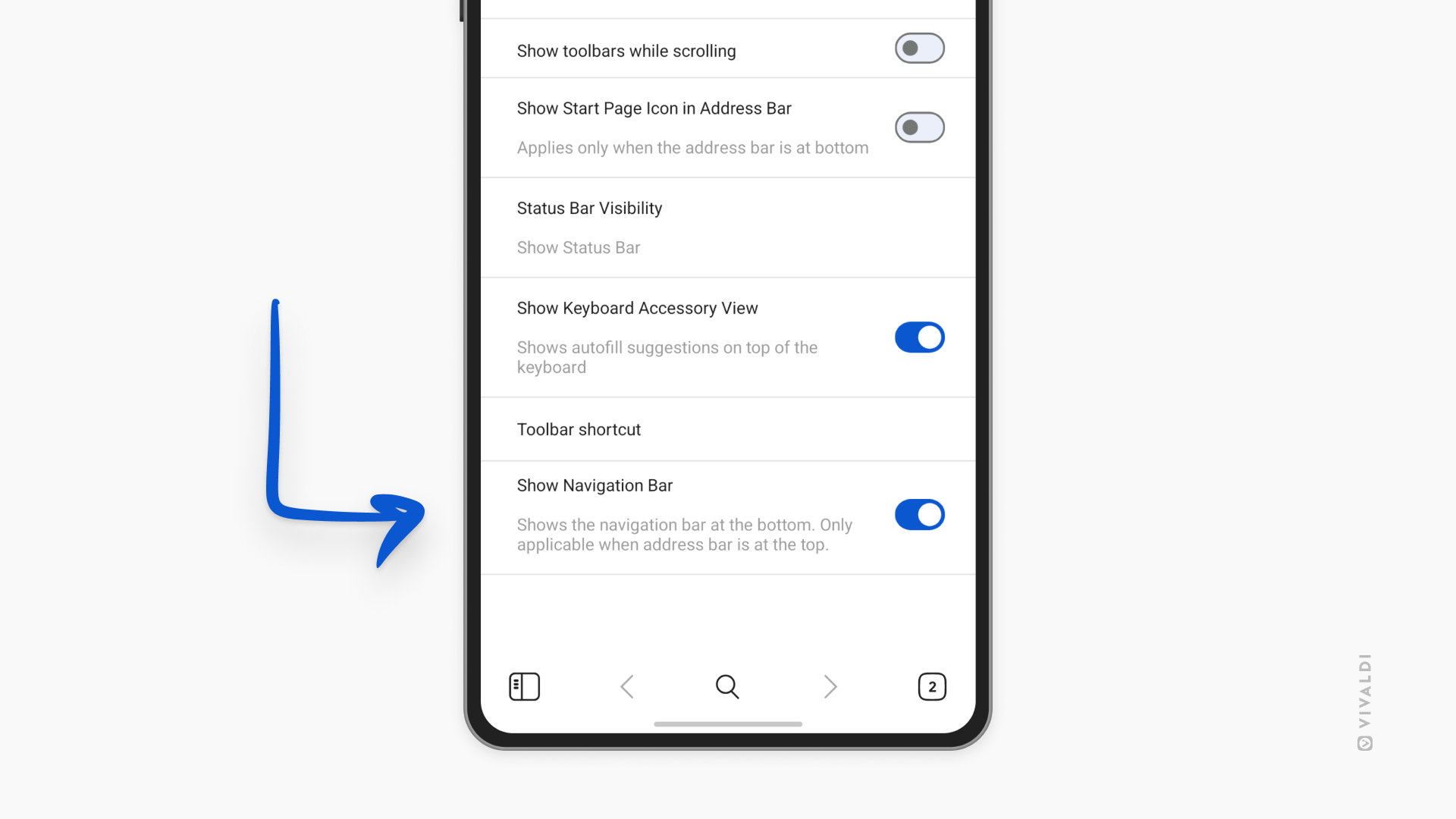 Réglages ode l’apparence et du thème dans Vivaldi pour Android. Une flèche pointe vers le paramètre « Afficher la barre de navigation ».