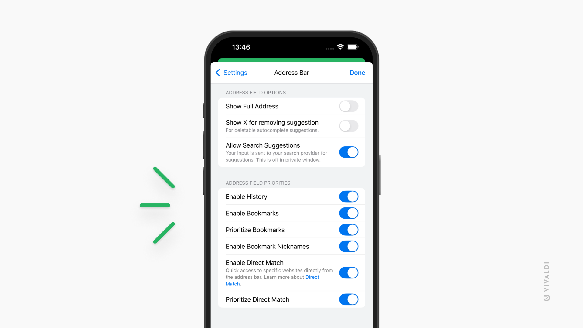Address Field priority settings in Vivaldi on iOS.