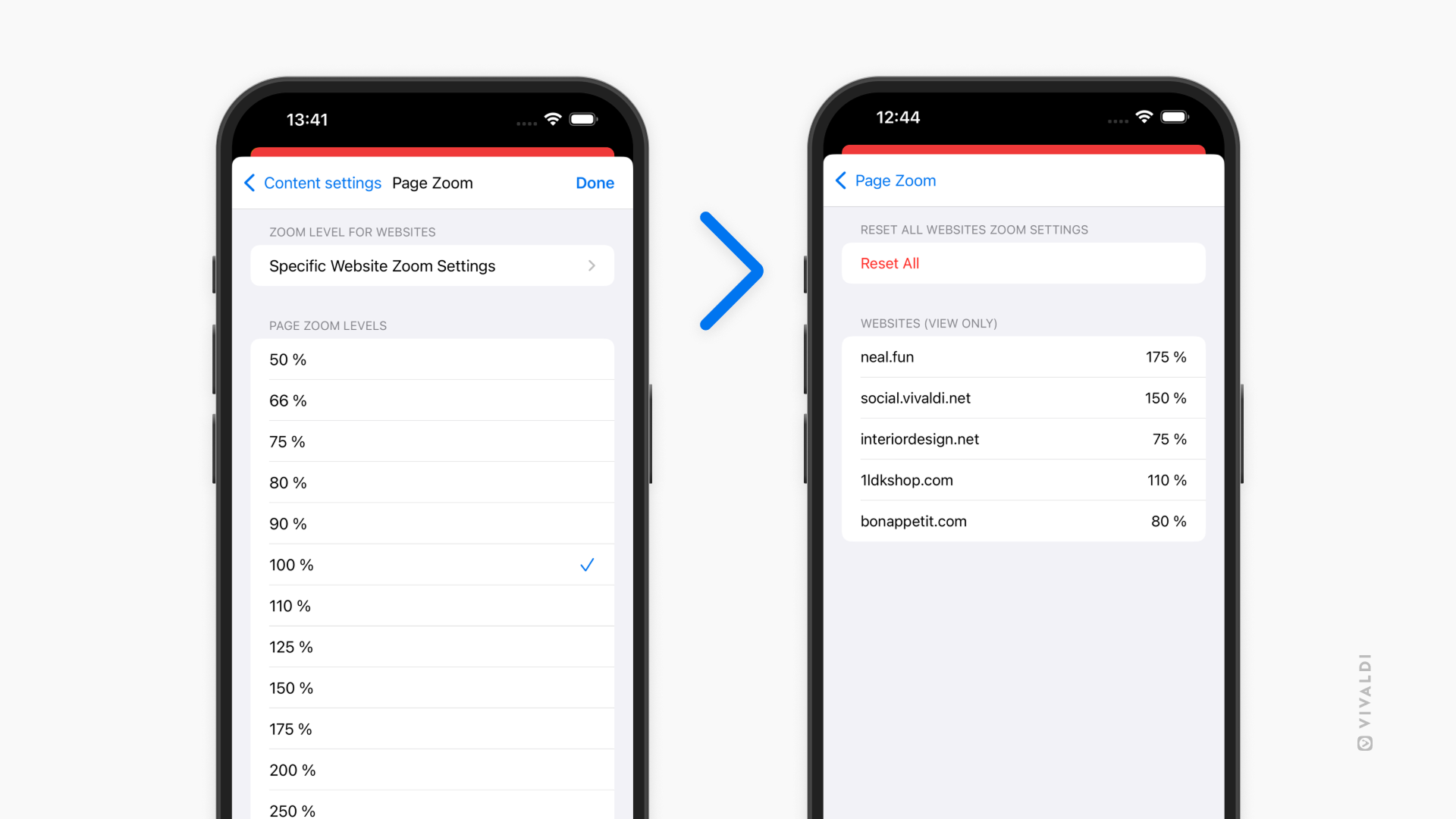 Two iPhones. One displays the Content Settings page, the other Page zoom settings.