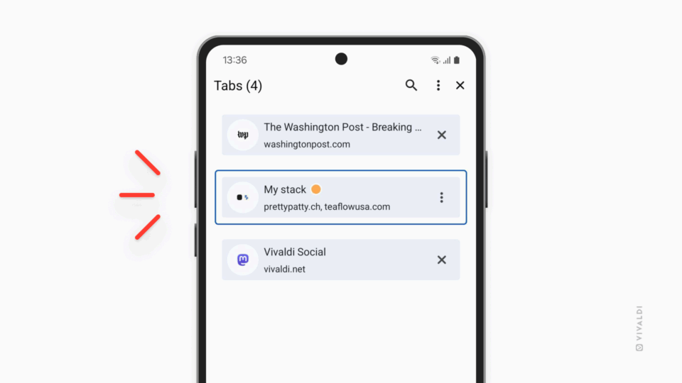 Tab Switcher in Vivaldi on Android. Open tabs are displayed as a list.