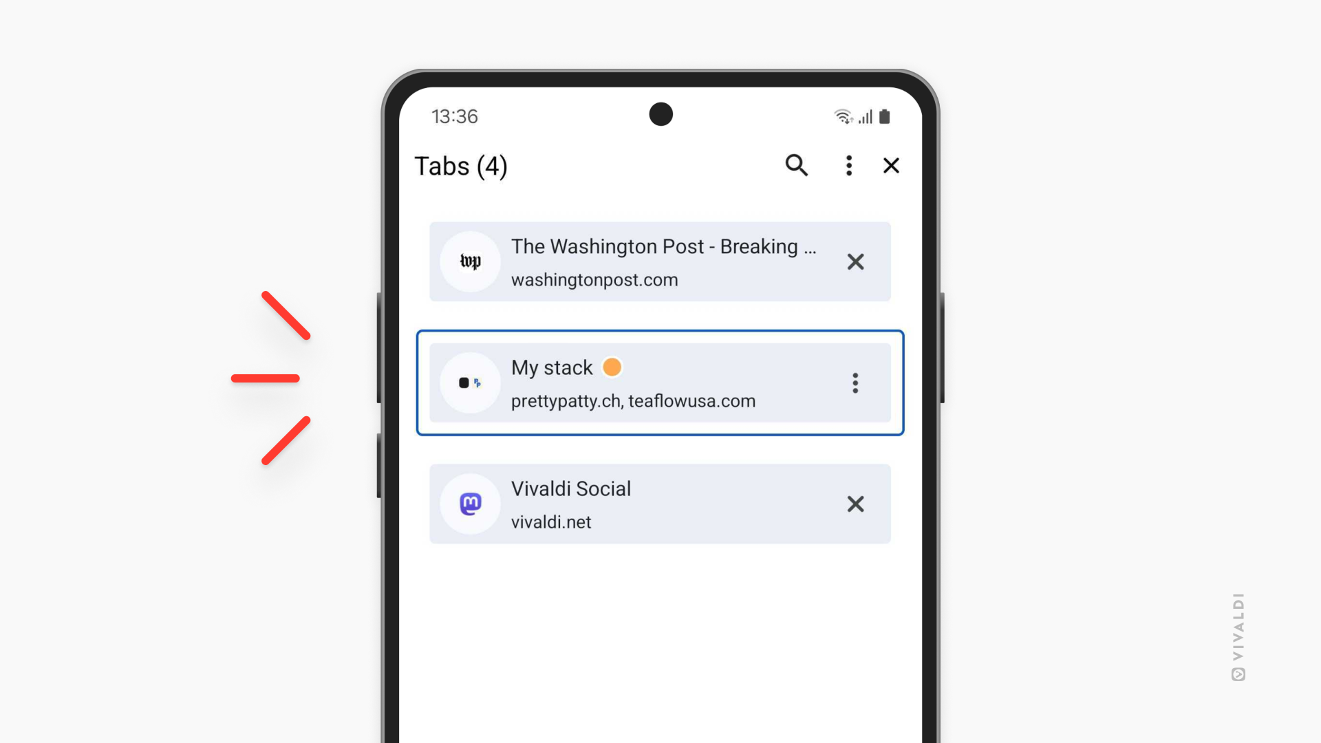 Android 版 Vivaldi のタブスイッチャーで、開いているタブがリスト表示されている。