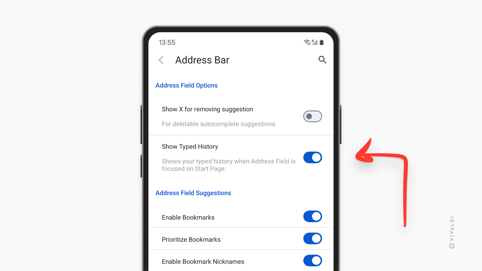 Android 版 Vivaldi のアドレスフィールド設定画面で、「入力履歴を表示」ボタンを矢印が指し示している。<br>