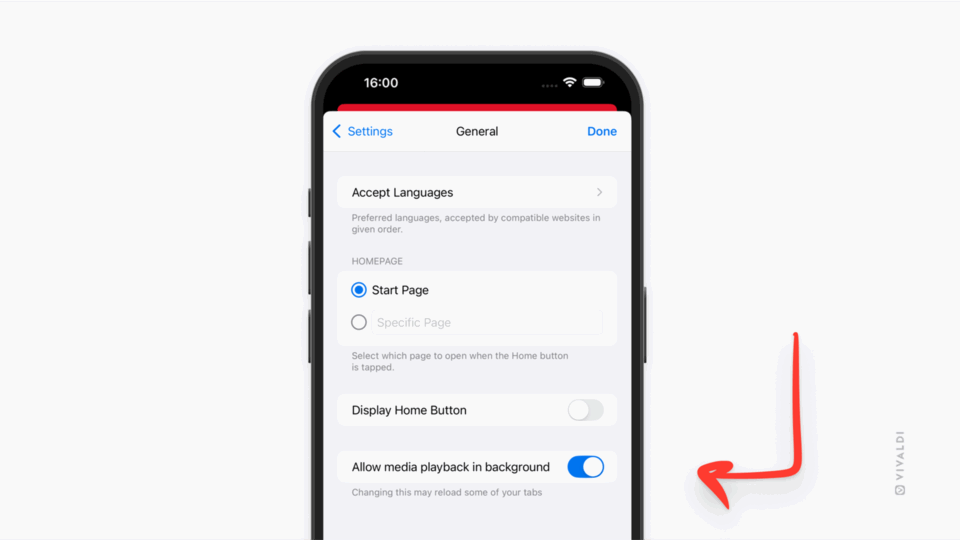 General settings in Vivaldi on iOS. An arrow points at the "Allow media playback in background" setting.