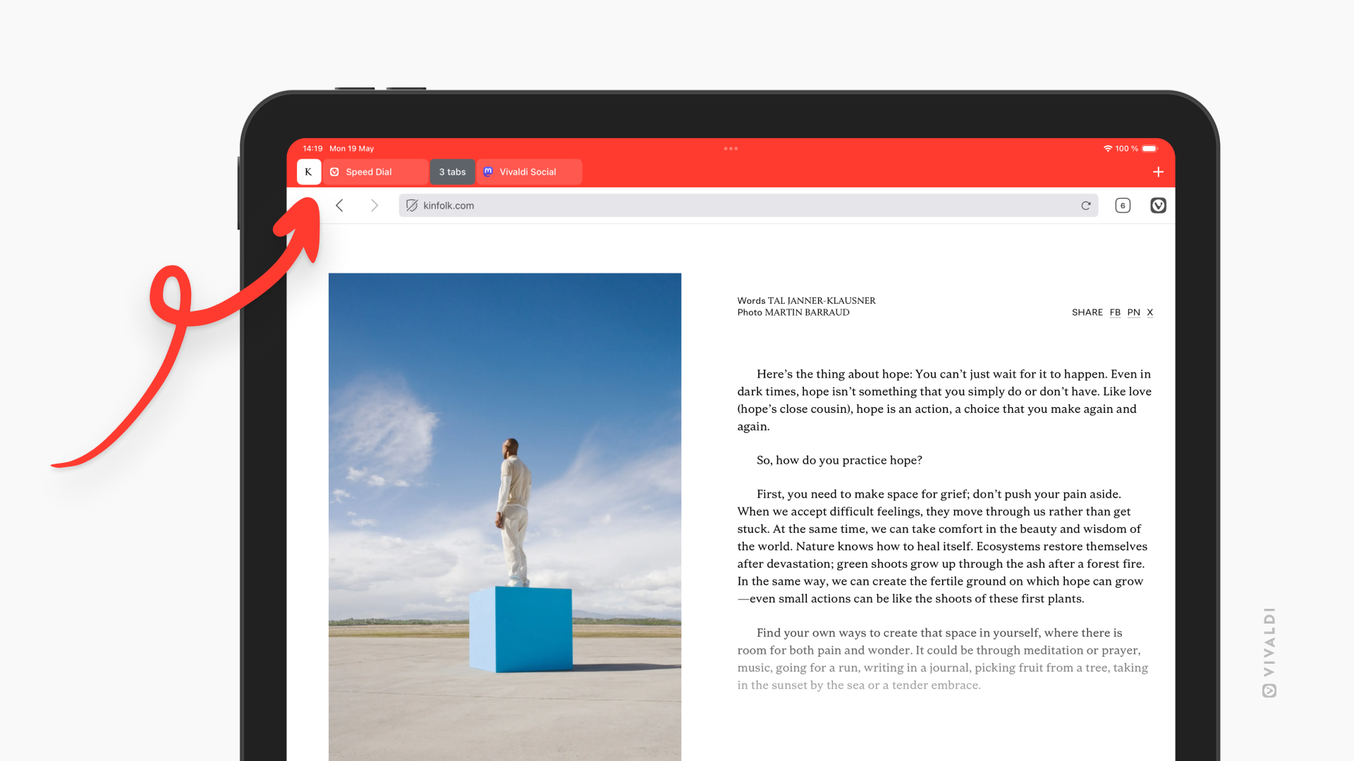 iPad 版 Vivaldi でピン留めされたタブ。