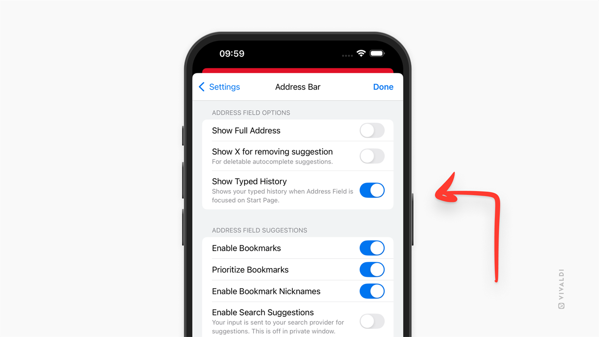iOS 版 Vivaldi のアドレスフィールド設定画面で、「入力履歴を表示」設定を矢印が指し示している。<br>