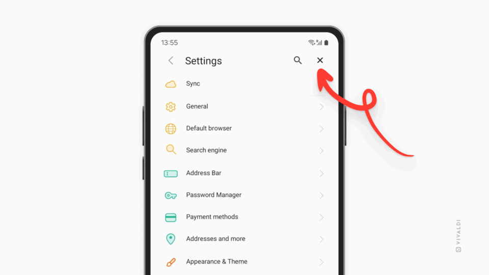 Vivaldi on Android's Settings. An arrow points at the close button.