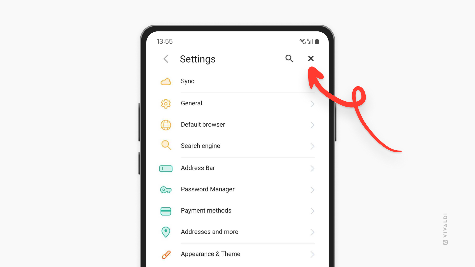 Vivaldi on Android's Settings. An arrow points at the close button.