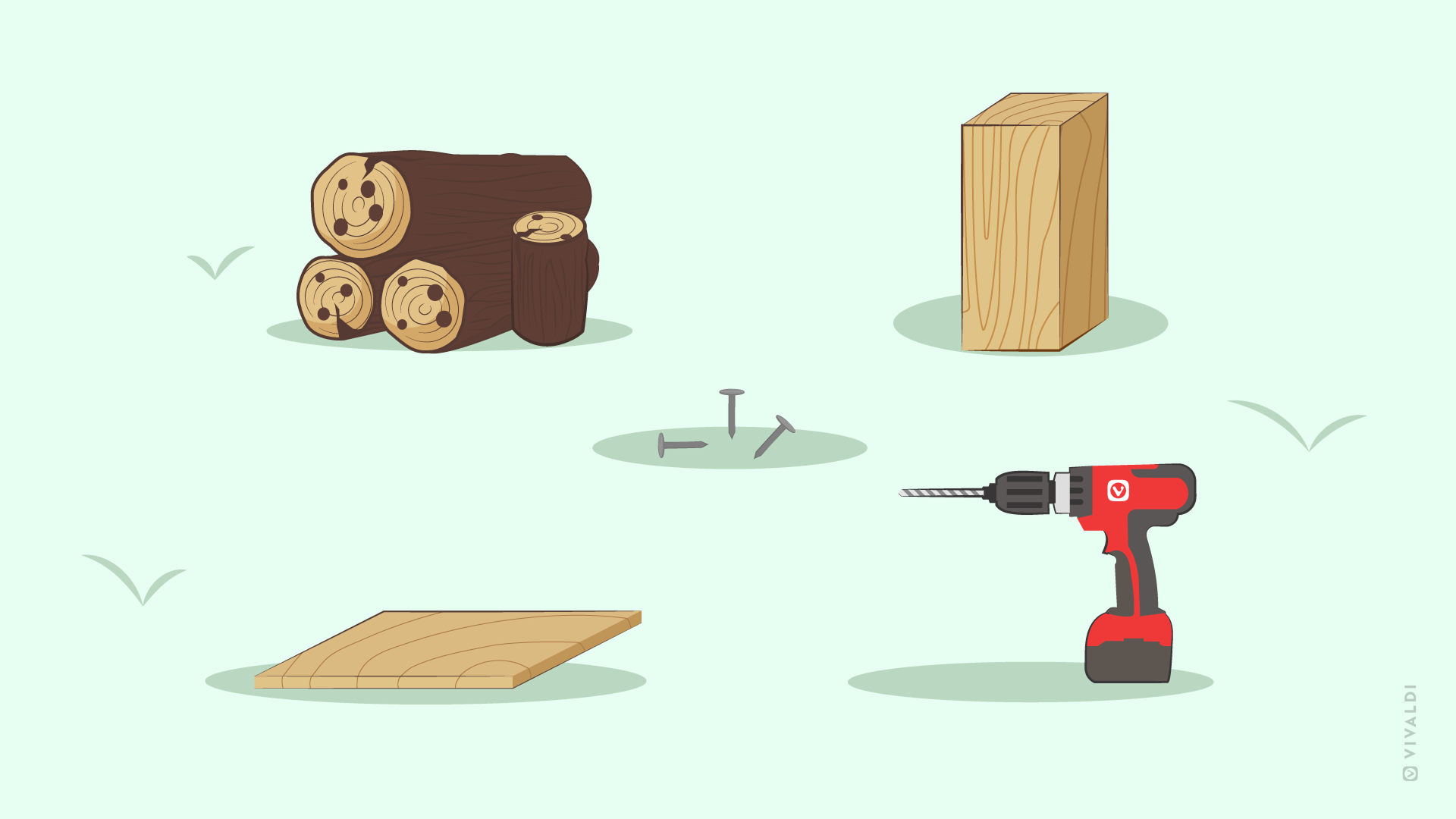 バグホテル（昆虫のすみか）を作るために必要な材料と道具を示したイラスト。