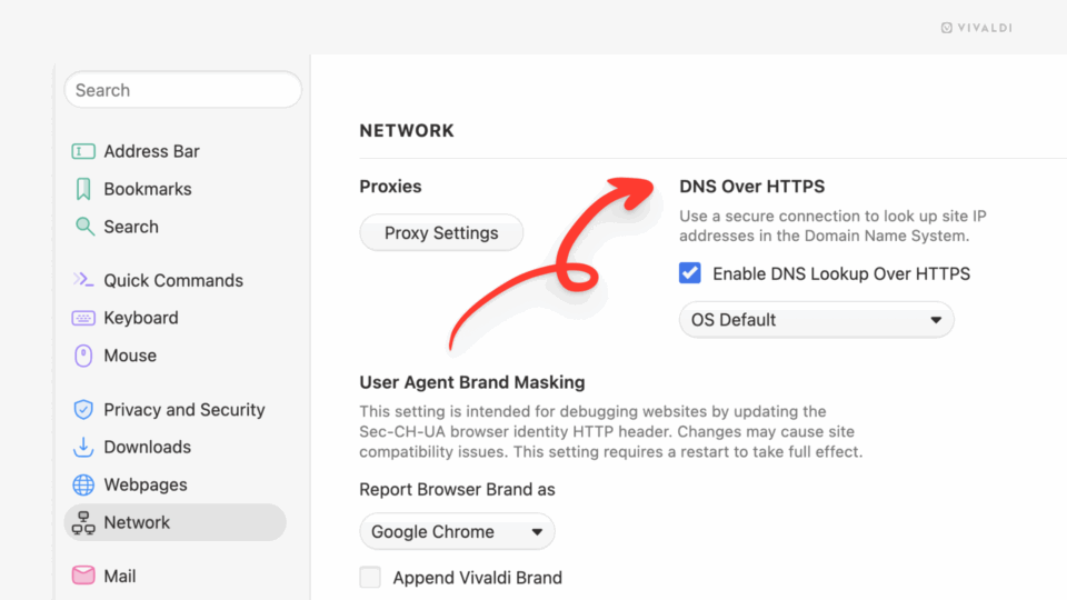 Vivaldi browser's Network settings page. an arrow points at the "DNS over HTTPS" setting.