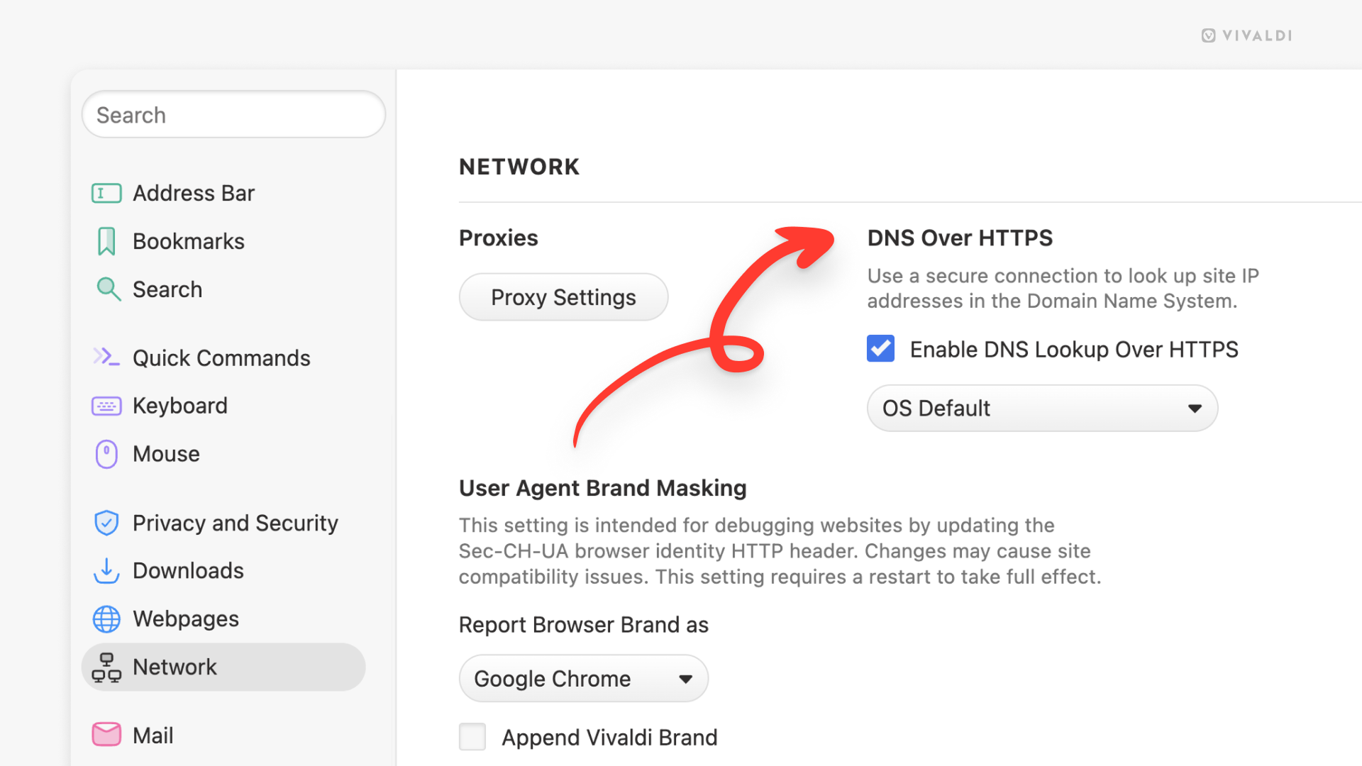 Vivaldi browser's Network settings page. an arrow points at the "DNS over HTTPS" setting.