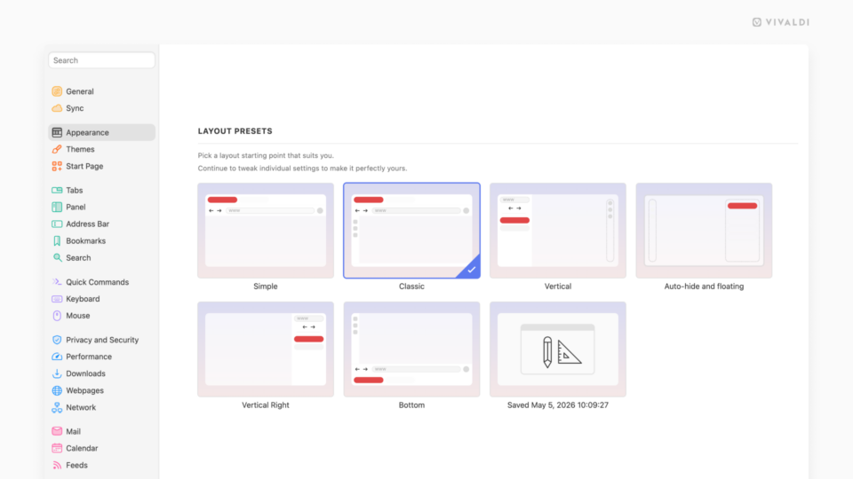 Appearance settings in Vivaldi.