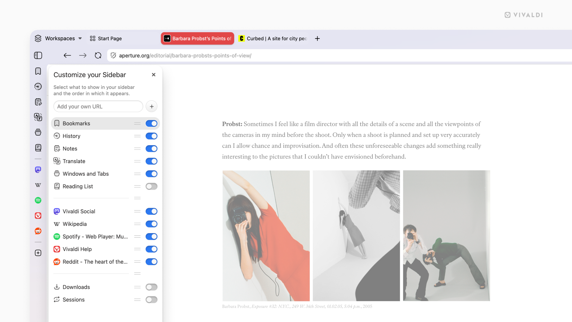 Vivaldi browser window with the sidebar customization menu open on the left side.