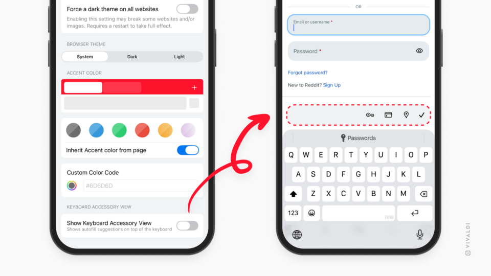 Two iPhones with Vivaldi open on them. The one on the left shows Appearance and Theme settings. The one on the right shows a web page with the keyboard open and a border around the Keyboard Accessory View toolbar. An arrow points from the setting to the toolbar.
