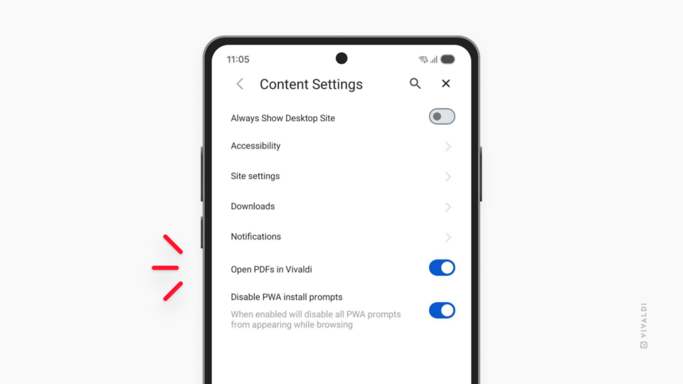 Content Settings in Vivaldi on Android. "Open PDFs in Vivaldi" setting is highlighted.
