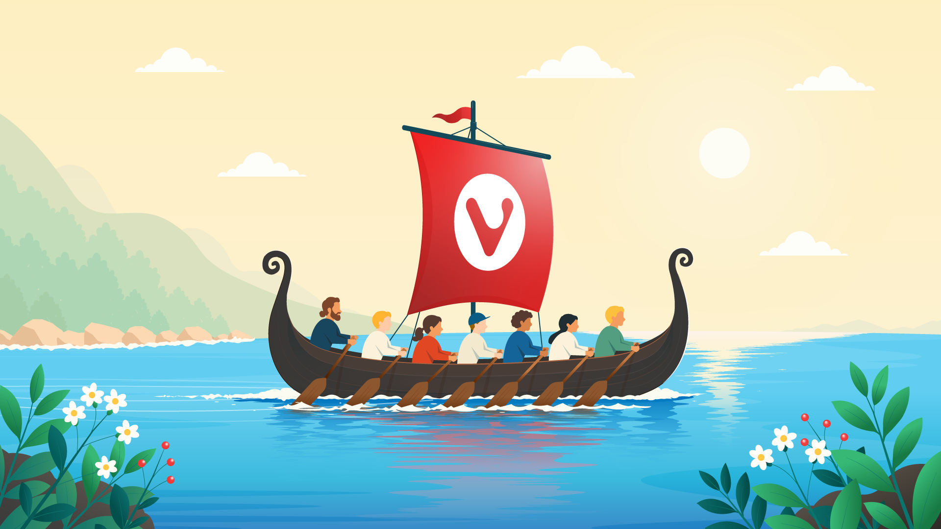 Viking ship with crew rowing in a norwegian fjord. Some flowers on the edges, and the sail is red with a Vivaldi logo in the middle