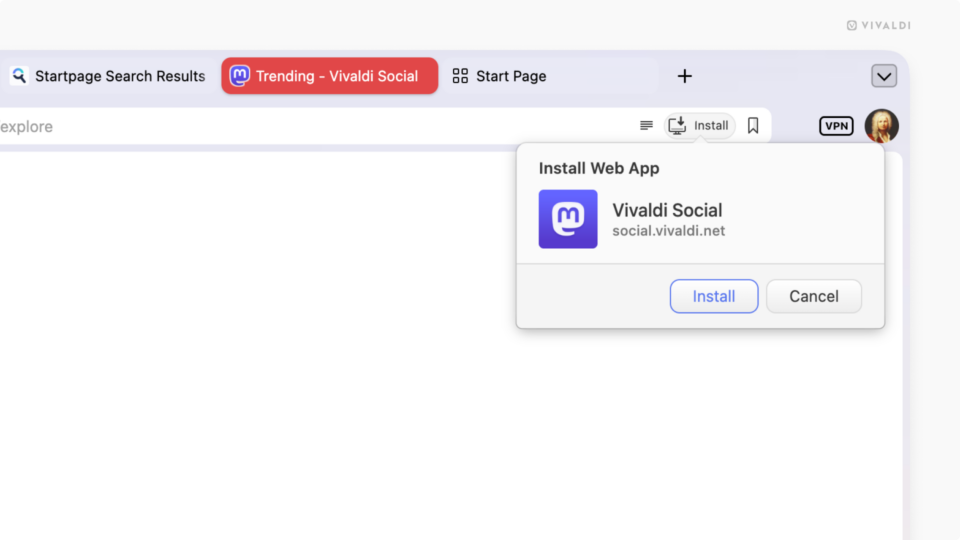 Progressive Web Apps menu and Install button on the Address Bar.