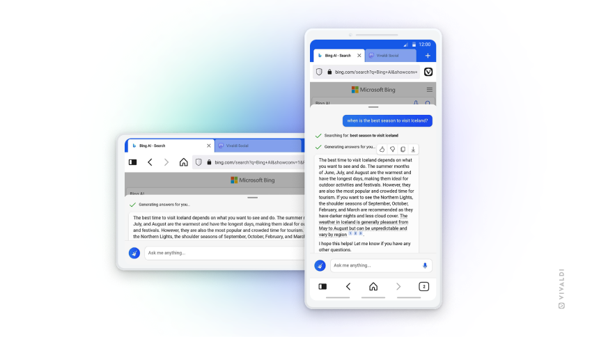 Vivaldi on Android bypasses restrictions to access Bing Chat.