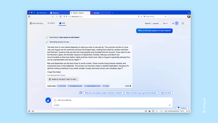 Bing Chat wird im Vivaldi Browser geöffnet.