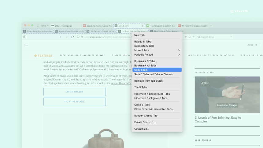 Vivaldi-Fenster mit 5 ausgewählten Tabs und dem geöffneten Kontextmenü zum Kopieren der Links der ausgewählten Tabs.