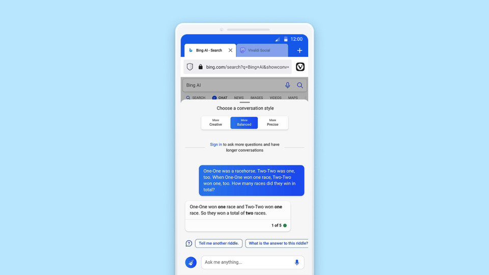 Bing Chat open in Vivaldi on Android.