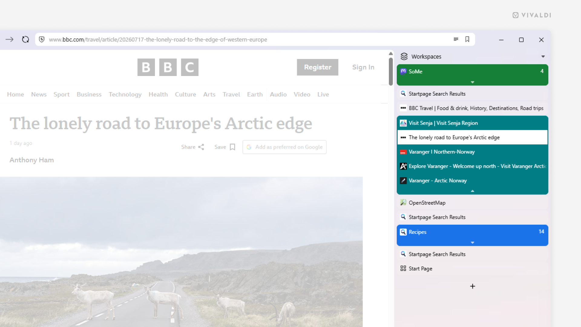 Vertical Tab Bar on the right side of the Vivaldi browser window with Accordion style Tab Stacks.