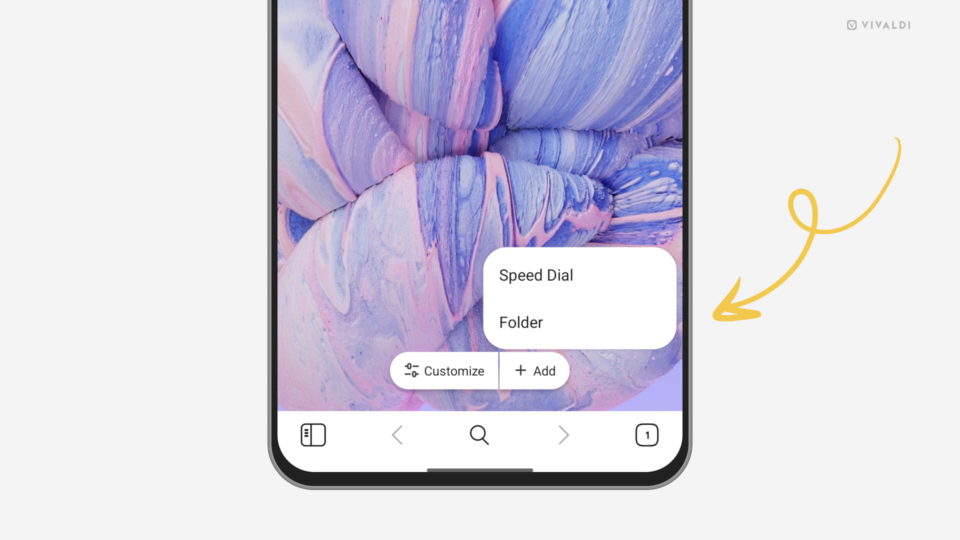 Start Page in Vivaldi on Android. "Add" button's context menu is open and an arrow points at the folder option.