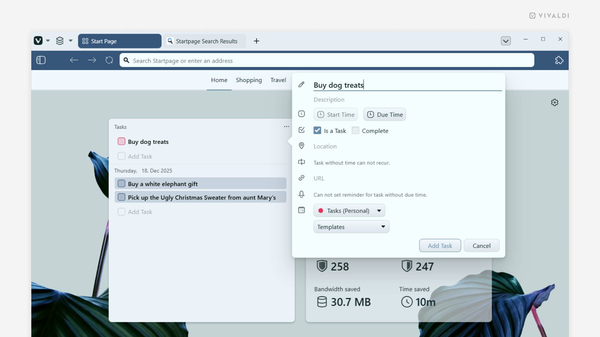 Start Page with the Tasks widget and a task editor open for adding a new task.