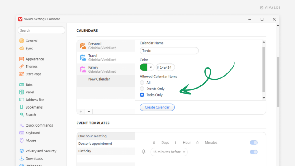 Vivaldi Calendar Settings, where a new calendar is being added. An arrow is pointing at the Allowed Calendar Items section.