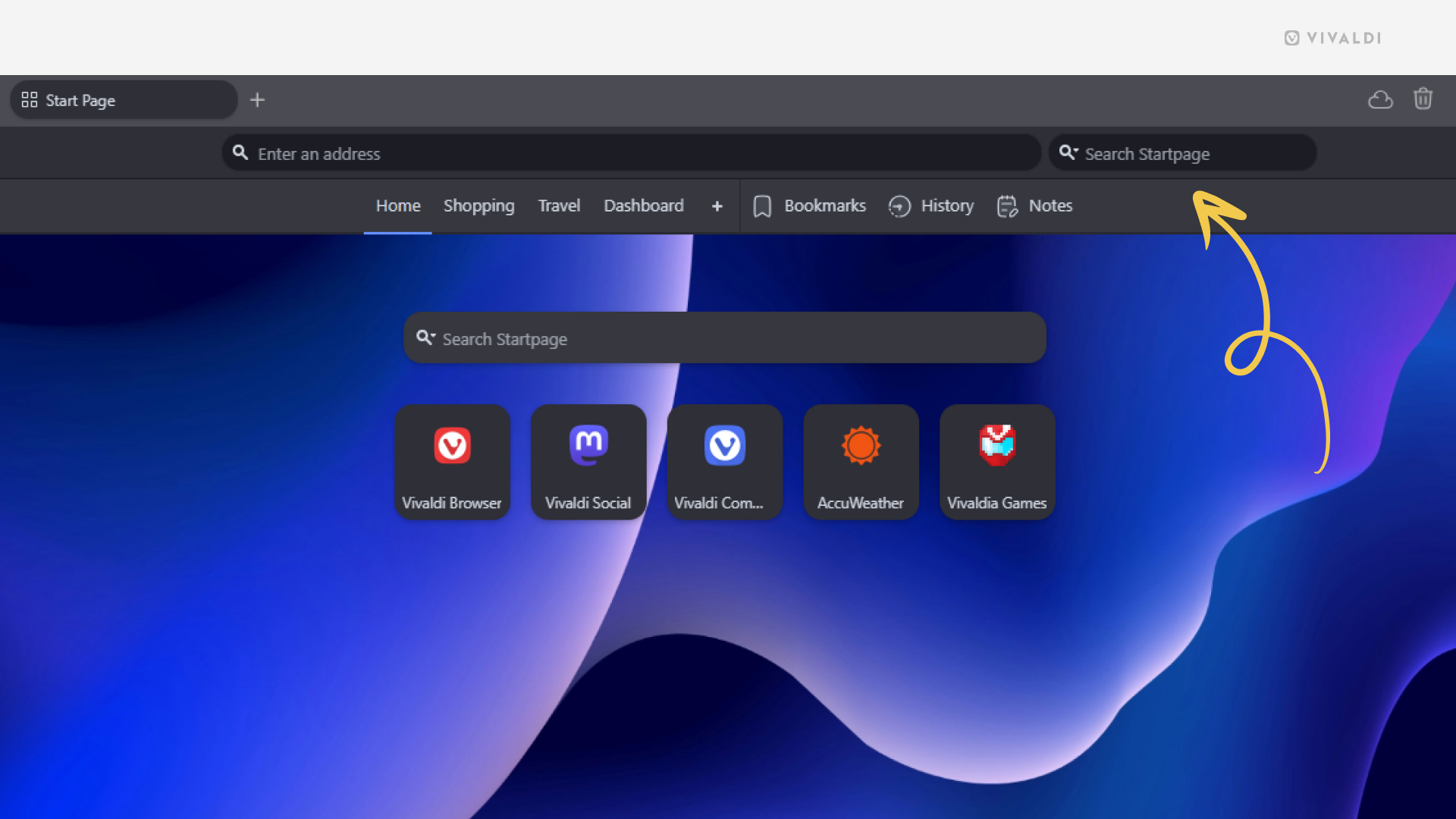 Vivaldi ブラウザのウィンドウで、アドレスバーにアドレス欄と検索欄の両方が表示されている